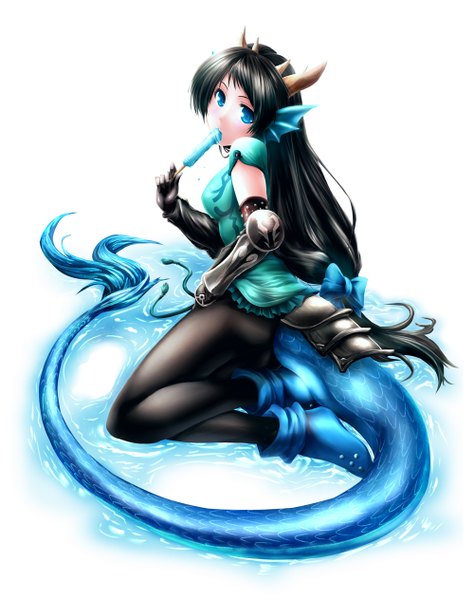 Anime picture 1000x1264 with puzzle & dragons karin (p&d) makxma single long hair tall image looking at viewer blush blue eyes black hair simple background white background sitting tail monster girl girl gloves water food sweets