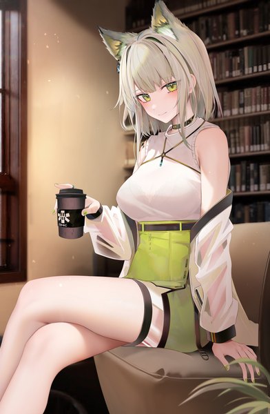 Anime picture 4232x6476 with arknights kal'tsit (arknights) ru zhai single tall image looking at viewer blush fringe highres short hair breasts smile sitting bare shoulders holding green eyes animal ears absurdres indoors blunt bangs