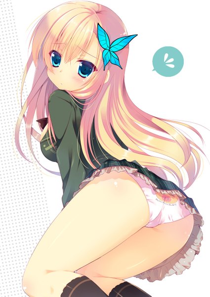 Anime picture 990x1397 with boku wa tomodachi ga sukunai kashiwazaki sena sakura hanpen single long hair tall image blush blue eyes light erotic blonde hair ass girl uniform hair ornament underwear panties school uniform butterfly hair ornament