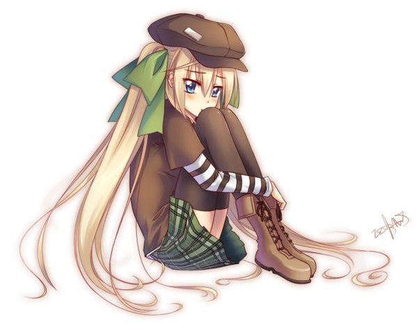 Anime picture 1600x1270 with original luzi (coffee-straw-luzi) single long hair looking at viewer blush blue eyes simple background blonde hair white background sitting signed inscription plaid skirt girl thighhighs skirt ribbon (ribbons) black thighhighs hair ribbon