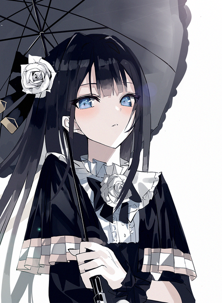 Anime picture 902x1229 with arcaea tairitsu (arcaea) beckzawachi single long hair tall image looking at viewer blush fringe blue eyes black hair simple background standing white background holding upper body blunt bangs parted lips hair flower gradient hair