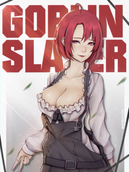Anime picture 2473x3300 with goblin slayer! cow girl (goblin slayer!) liya nikorov single tall image looking at viewer fringe highres short hair breasts light erotic smile large breasts purple eyes signed cleavage upper body ahoge red hair sunlight