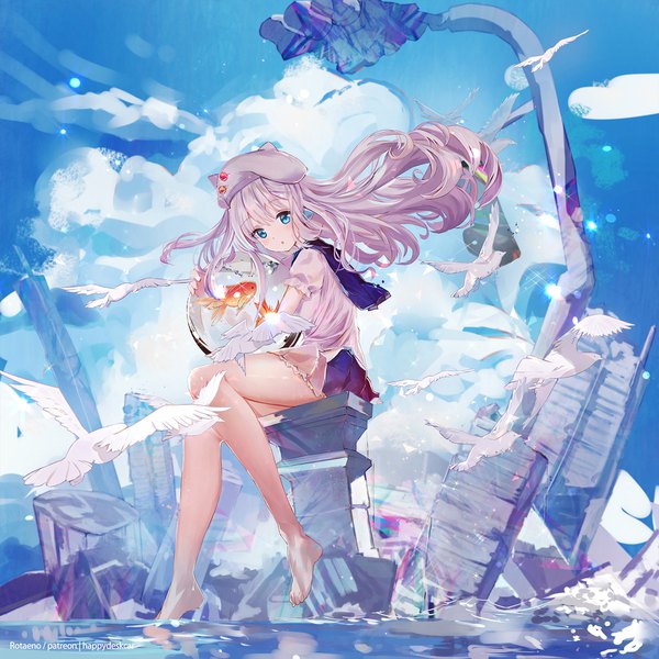 Anime picture 1920x1920 with original dedeko single long hair looking at viewer blush fringe highres open mouth blue eyes sitting holding payot sky silver hair cloud (clouds) full body bent knee (knees) outdoors pleated skirt