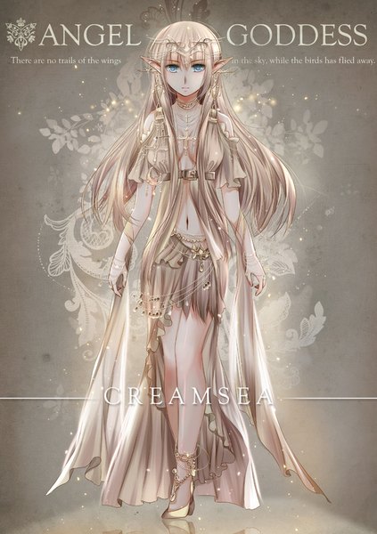 Anime-Bild 565x800 mit original creamsea single long hair tall image looking at viewer blue eyes blonde hair pointy ears inscription girl dress navel hair ornament cross