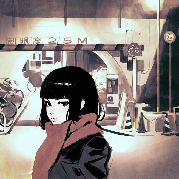 Anime picture 1080x1080 with original ilya kuvshinov single looking at viewer blush fringe short hair black hair upper body outdoors blunt bangs black eyes realistic inscription hieroglyph portrait real world location tokyo shibuya (tokyo) girl