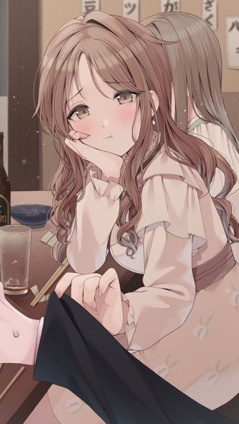 Anime picture 1412x2500 with idolmaster idolmaster shiny colors producer (idolmaster) ichikawa hinana juu 10 long hair tall image looking at viewer blush brown hair multiple girls brown eyes indoors solo focus sweatdrop pov head rest dust :t girl