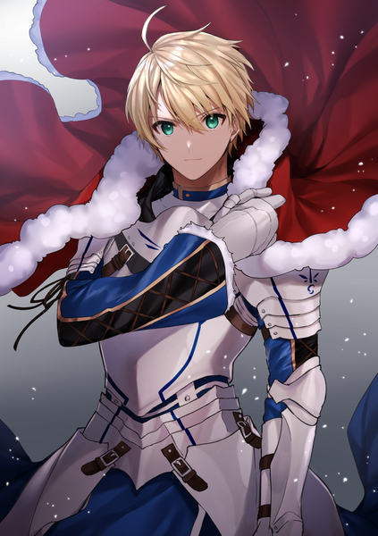 Anime picture 1062x1505 with fate (series) fate/prototype arthur pendragon (fate) gambe single tall image looking at viewer fringe short hair blonde hair hair between eyes holding green eyes ahoge grey background fur trim gradient background boy armor fur