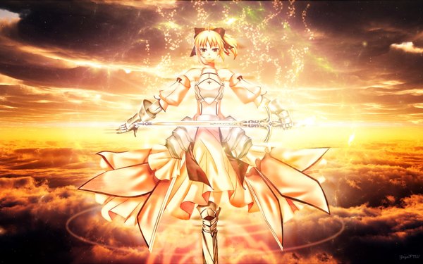 Anime picture 1920x1200 with fate (series) fate/stay night fate/unlimited codes studio deen type-moon artoria pendragon (all) saber saber lily yayaftw (artist) looking at viewer highres short hair blonde hair wide image sky cloud (clouds) girl dress gloves bow