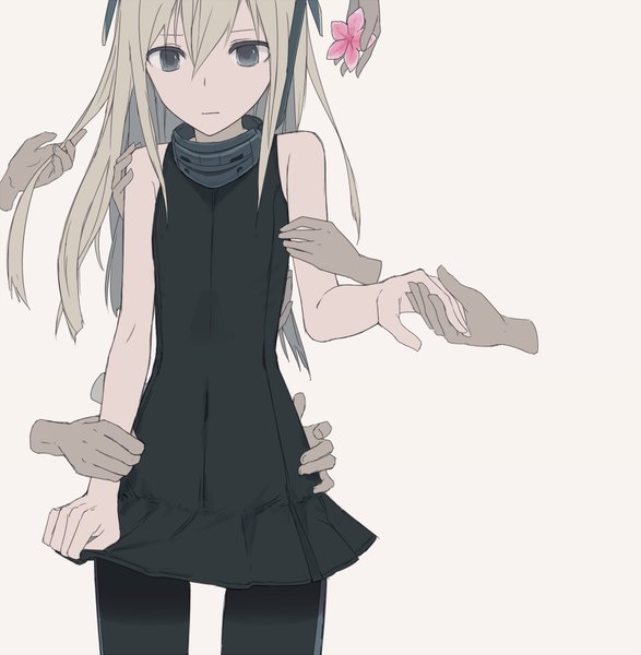Anime picture 880x900 with kantai collection u-511 submarine bullfalk single long hair tall image fringe breasts simple background blonde hair hair between eyes bare shoulders holding grey eyes sleeveless holding hands flat chest pink background expressionless sad