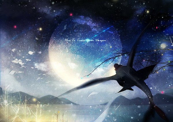 Anime picture 800x566 with how to train your dragon dreamworks toothless hiccup horrendous haddock iii left mouse from behind night night sky back horizon mountain flying lake boy animal water bird (birds) moon star (stars) full moon