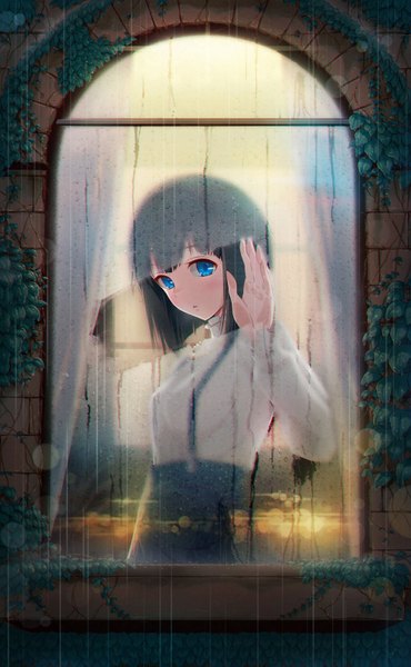 Anime picture 1000x1619 with original 40hara single tall image looking at viewer short hair blue eyes black hair rain girl plant (plants) window