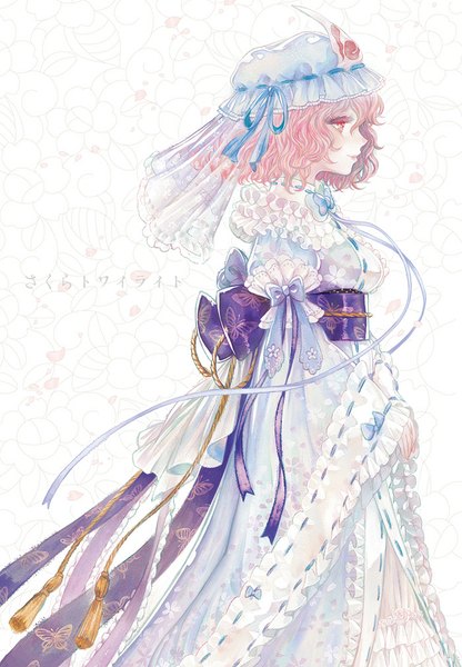 Anime picture 700x1010 with touhou saigyouji yuyuko takatora single tall image blush short hair smile red eyes pink hair profile floral print girl dress petals bonnet