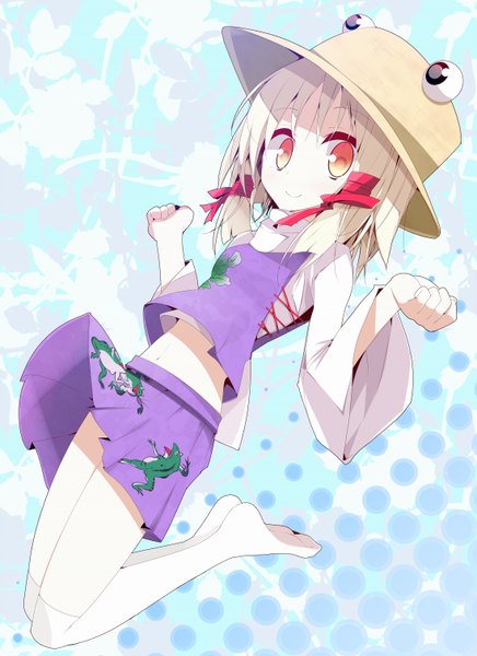 Anime picture 1098x1508 with touhou moriya suwako oouso (usotsukiya) single tall image short hair blonde hair yellow eyes girl thighhighs skirt ribbon (ribbons) hat miniskirt white thighhighs skirt set