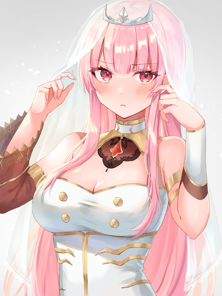 Anime-Bild 1500x2000 mit virtual youtuber hololive hololive english mori calliope mori calliope (1st costume) kura noi single long hair tall image blush fringe breasts light erotic simple background red eyes large breasts pink hair cleavage upper body blunt bangs