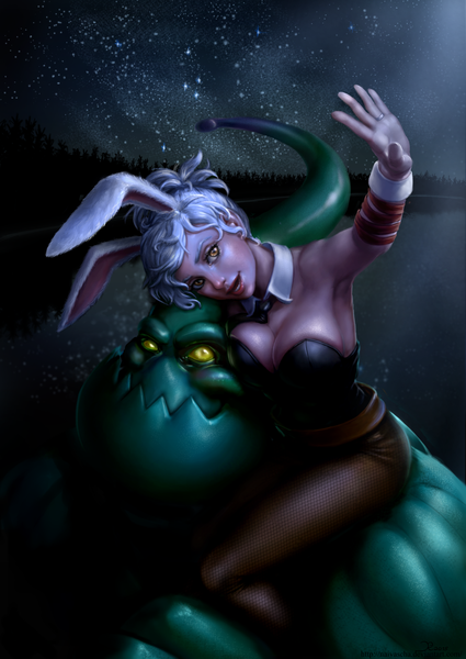 Anime picture 2000x2823 with league of legends riven (league of legends) battle bunny riven zac (league of legends) naivascha tall image highres short hair breasts open mouth bare shoulders animal ears yellow eyes silver hair night orange eyes bunny ears monster boy slime boy girl
