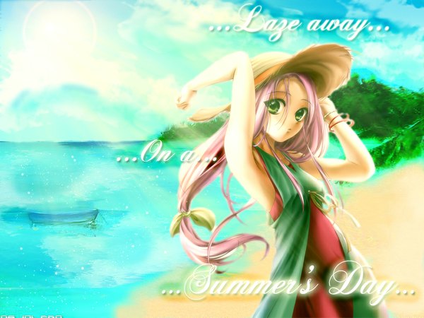 Anime picture 1024x768 with martian successor nadesico xebec lapis lazuli (martian successor nadesico) kisaragi single looking at viewer standing green eyes pink hair sky cloud (clouds) arm up sunlight inscription sleeveless beach soft beauty girl dress hat