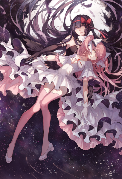 Anime picture 800x1175 with mahou shoujo madoka magica shaft (studio) akemi homura kaname madoka goddess madoka akuma homura kane (kanekiru) long hair tall image looking at viewer fringe black hair hair between eyes twintails purple eyes bare shoulders multiple girls yellow eyes pink hair sky