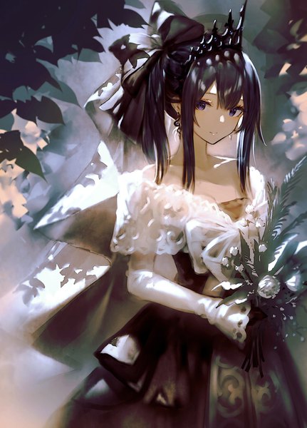 Anime picture 863x1200 with original garuku single long hair tall image looking at viewer fringe blue eyes black hair smile hair between eyes standing bare shoulders holding payot girl dress bow hair bow earrings