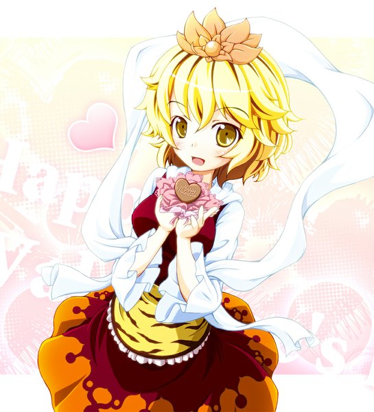 Anime picture 1000x1100 with touhou toramaru shou tall image blush short hair open mouth blonde hair holding yellow eyes valentine girl dress heart apron lace