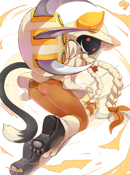 Anime picture 741x1000 with blazblue taokaka krokobyaka single long hair tall image looking at viewer light erotic simple background blonde hair smile red eyes white background signed animal ears bent knee (knees) ass tail braid (braids) animal tail