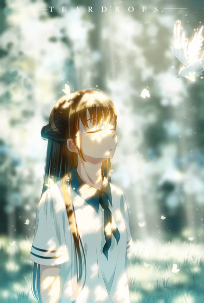 Anime picture 1636x2421 with original teardrops (user vgvd7733) single long hair tall image brown hair standing upper body outdoors eyes closed sunlight light shaded face shiny girl uniform plant (plants) school uniform animal tree (trees)