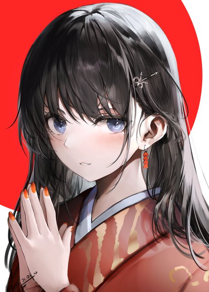 Anime picture 1430x2000 with original iori (cpeilad) single long hair tall image looking at viewer blush fringe blue eyes black hair simple background upper body blunt bangs nail polish traditional clothes parted lips japanese clothes fingernails dated new year
