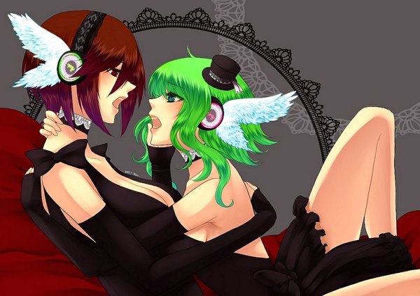 Anime picture 1123x794 with vocaloid magnet (vocaloid) gumi meiko nez-doll short hair open mouth red eyes bare shoulders multiple girls green eyes red hair profile green hair hug singing girl dress gloves 2 girls
