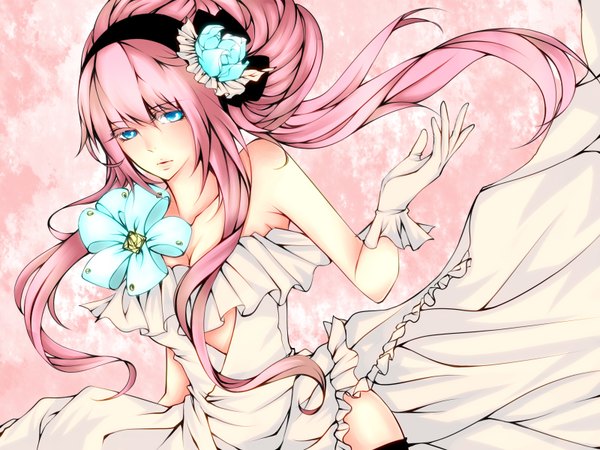 Anime picture 1600x1200 with vocaloid megurine luka single long hair fringe blue eyes simple background bare shoulders pink hair very long hair aqua eyes sleeveless skirt lift pink background girl dress gloves hair ornament bow white dress