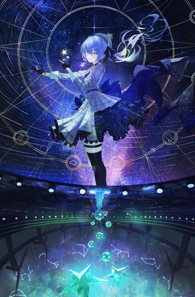 Anime picture 3072x4680 with virtual youtuber hololive hoshimachi suisei hoshimachi suisei (1st costume) atatatatame01 single long hair tall image looking at viewer fringe highres blue eyes hair between eyes standing blue hair absurdres outstretched arm side ponytail constellation girl