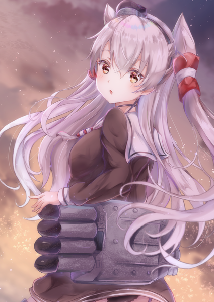 Anime picture 2508x3541 with kantai collection amatsukaze destroyer sa-ya2 single long hair tall image blush fringe highres light erotic hair between eyes red eyes sky silver hair upper body two side up girl uniform underwear panties