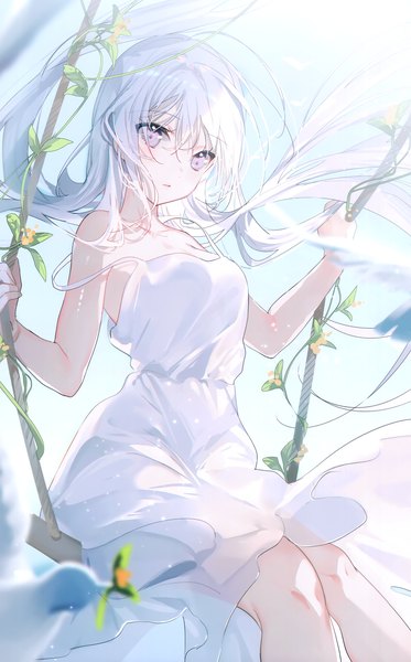 Anime picture 1871x3008 with original miwano rag single long hair tall image looking at viewer blush fringe highres hair between eyes sitting sky silver hair ahoge outdoors pink eyes wind scan strap slip girl