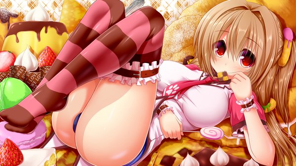 Anime picture 1920x1080 with original cassini m bisuko syroh long hair highres light erotic blonde hair red eyes wide image legs girl thighhighs underwear panties necktie food sweets striped thighhighs cookie (cookies) macaron