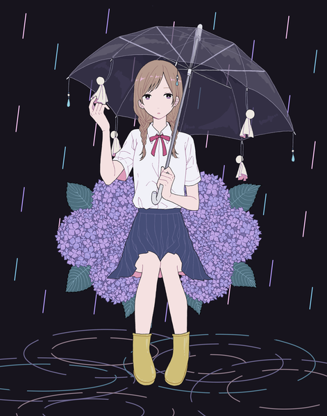 Anime picture 2751x3503 with original shi oo single long hair tall image looking at viewer highres brown hair sitting full body braid (braids) twin braids rain expressionless transparent umbrella girl uniform flower (flowers) school uniform boots