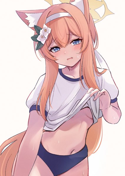Anime picture 1032x1457 with blue archive mari (blue archive) mari (gym uniform) (blue archive) miyai (myai04) single long hair tall image looking at viewer blush fringe open mouth blue eyes light erotic simple background hair between eyes standing white background animal ears hair flower orange hair