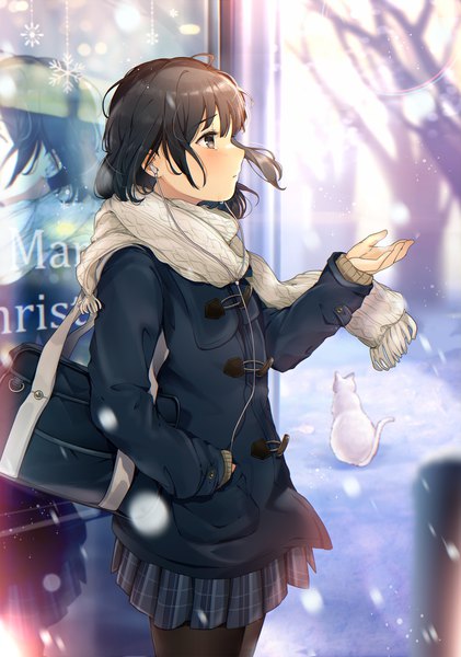 Anime picture 1613x2300 with original hisao 0111 single tall image blush fringe short hair black hair standing looking away outdoors long sleeves parted lips profile pleated skirt arm up wind black eyes tears sleeves past wrists