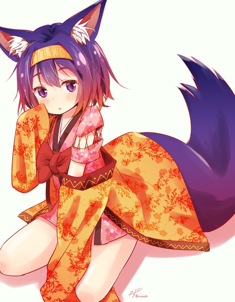 Anime picture 1000x1284 with no game no life madhouse hatsuse izuna mizutan64 single tall image looking at viewer blush fringe short hair simple background hair between eyes white background sitting purple eyes signed animal ears purple hair tail long sleeves