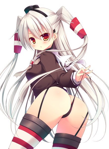 Anime picture 1299x1772 with kantai collection amatsukaze destroyer izumiyuhina single long hair tall image looking at viewer blush light erotic white background ass white hair orange eyes two side up girl thighhighs underwear panties hat hair tubes