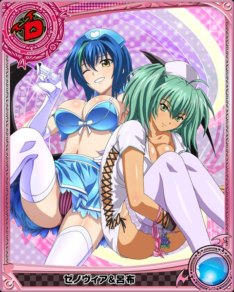Anime picture 640x800 with highschool dxd ikkitousen xenovia quarta ryofu housen tall image looking at viewer short hair breasts light erotic smile large breasts twintails multiple girls green eyes yellow eyes blue hair one eye closed multicolored hair green hair wink