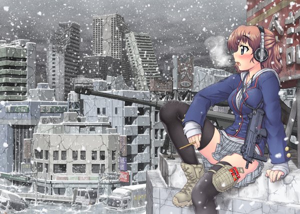 Anime picture 1500x1072 with original hase yu blush short hair breasts open mouth blue eyes brown hair large breasts pleated skirt city snowing winter ruins post-apocalyptic girl thighhighs skirt weapon black thighhighs