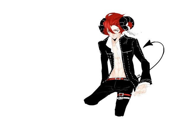 Anime picture 1238x920 with original tapichu (artist) single short hair simple background smile white background red hair horn (horns) open clothes open jacket open shirt muscle demon tail silver eyes boy shirt jacket belt chain