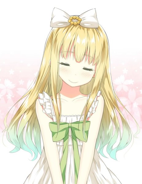 Anime picture 927x1200 with hentai ouji to warawanai neko j.c. staff azuki azusa sky-freedom single long hair tall image blush blonde hair smile eyes closed girl dress hair ornament ribbon (ribbons) white dress sundress