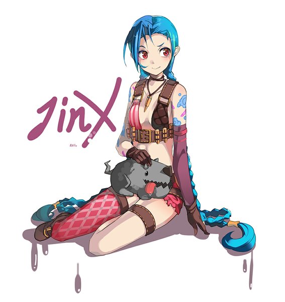 Anime picture 1000x1058 with league of legends jinx (league of legends) nellen single tall image blush breasts light erotic simple background smile red eyes white background blue hair very long hair tattoo flat chest girl thighhighs gloves single thighhigh