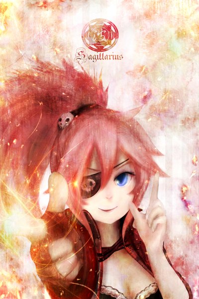 Anime picture 2000x3000 with original zhang xiao bo single long hair tall image looking at viewer highres blue eyes pink hair light smile zodiac sagittarius (zodiac) girl gloves jacket fingerless gloves eyepatch