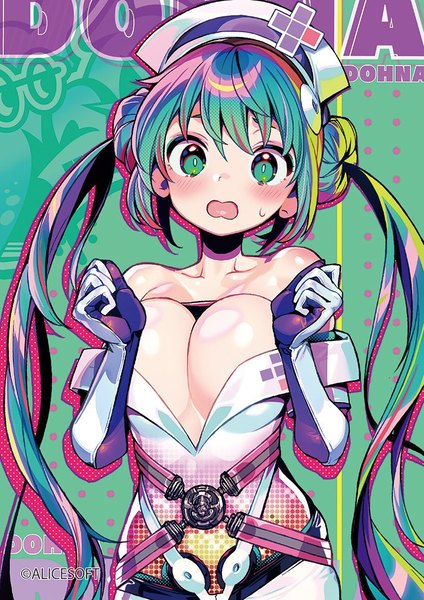 Anime picture 724x1024 with dohna dohna medico (dohna dohna) shunin single long hair tall image looking at viewer blush breasts open mouth light erotic large breasts standing twintails bare shoulders green eyes multicolored hair aqua hair official art copyright name