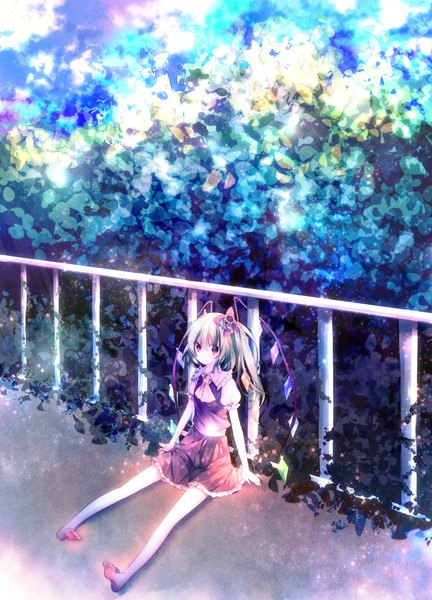 Anime picture 1319x1833 with touhou flandre scarlet riichu single tall image short hair blonde hair red eyes sitting looking away barefoot bare legs spread legs puffy sleeves frilly skirt girl dress wings frills fence