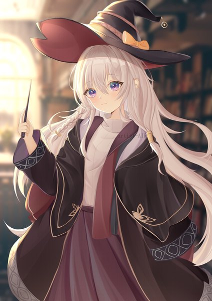 Anime picture 2894x4093 with majo no tabitabi elaina (majo no tabitabi) airs single long hair tall image fringe highres hair between eyes standing purple eyes signed silver hair indoors braid (braids) blurry side braid witch girl hat