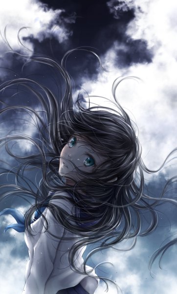 Anime picture 724x1200 with original nuwanko single long hair tall image looking at viewer blue eyes black hair sky cloud (clouds) wind tears messy hair girl uniform serafuku