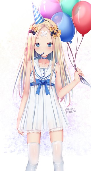 Anime picture 945x1769 with fate (series) fate/grand order abigail williams (fate) puririn single long hair tall image looking at viewer blush fringe blue eyes simple background blonde hair standing white background holding signed alternate costume sleeveless twitter username