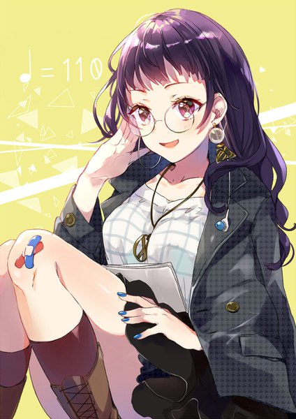 Anime picture 900x1272 with original puracotte single long hair tall image open mouth sitting purple eyes looking away purple hair nail polish :d blue nail polish bandaid on leg bandaid on knee girl socks glasses headphones pendant