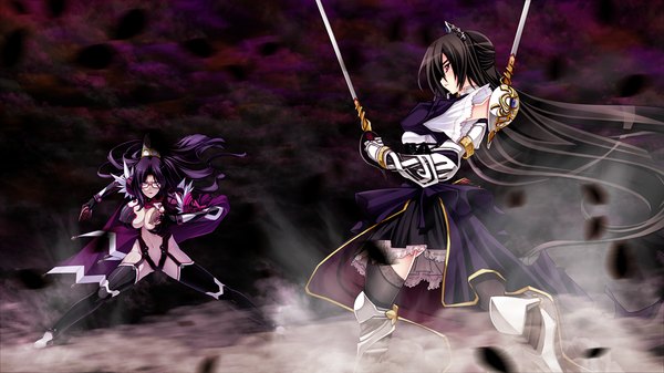 Anime picture 1024x576 with legend seven (game) long hair breasts light erotic black hair red eyes wide image multiple girls game cg purple hair huge breasts battle girl dress navel 2 girls glasses